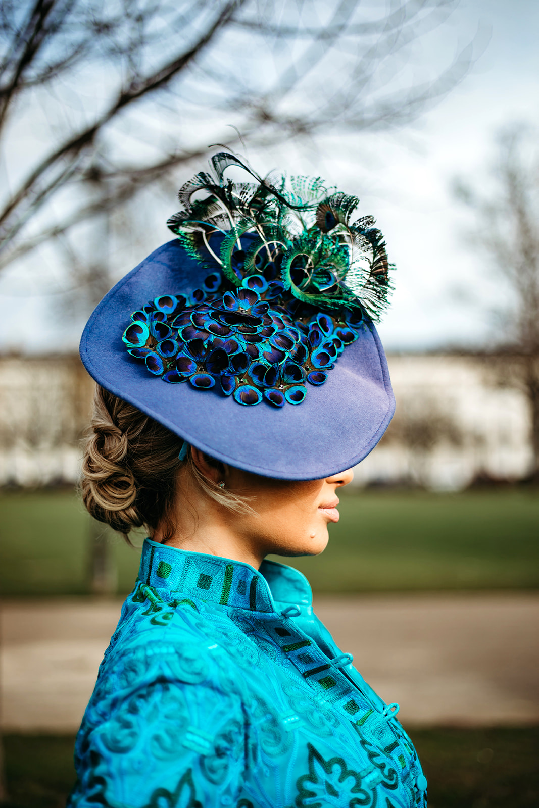 lisa von hallwyl millinery brand photoshoot with model in pittville park
